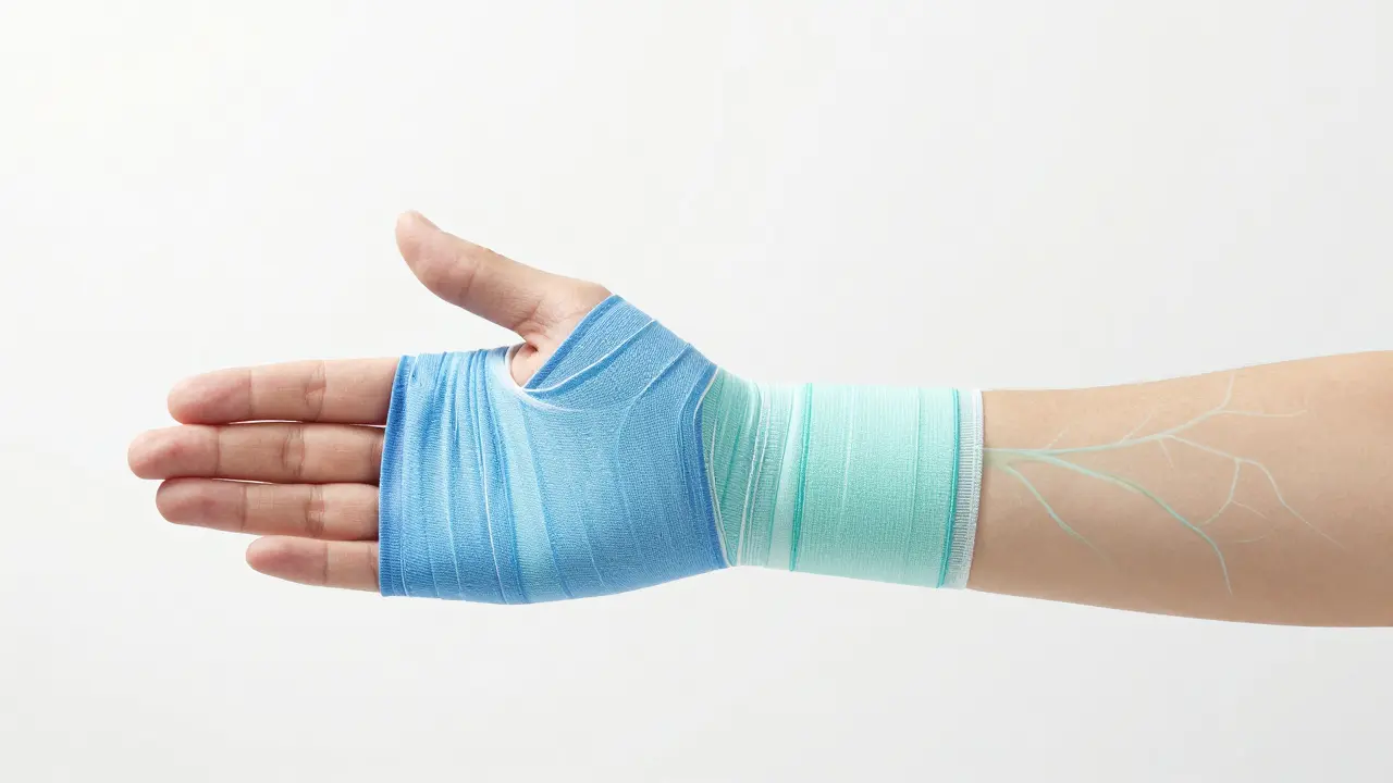 Kompresní obvaz s postupně klesajícím tlakem od prstů k paži.