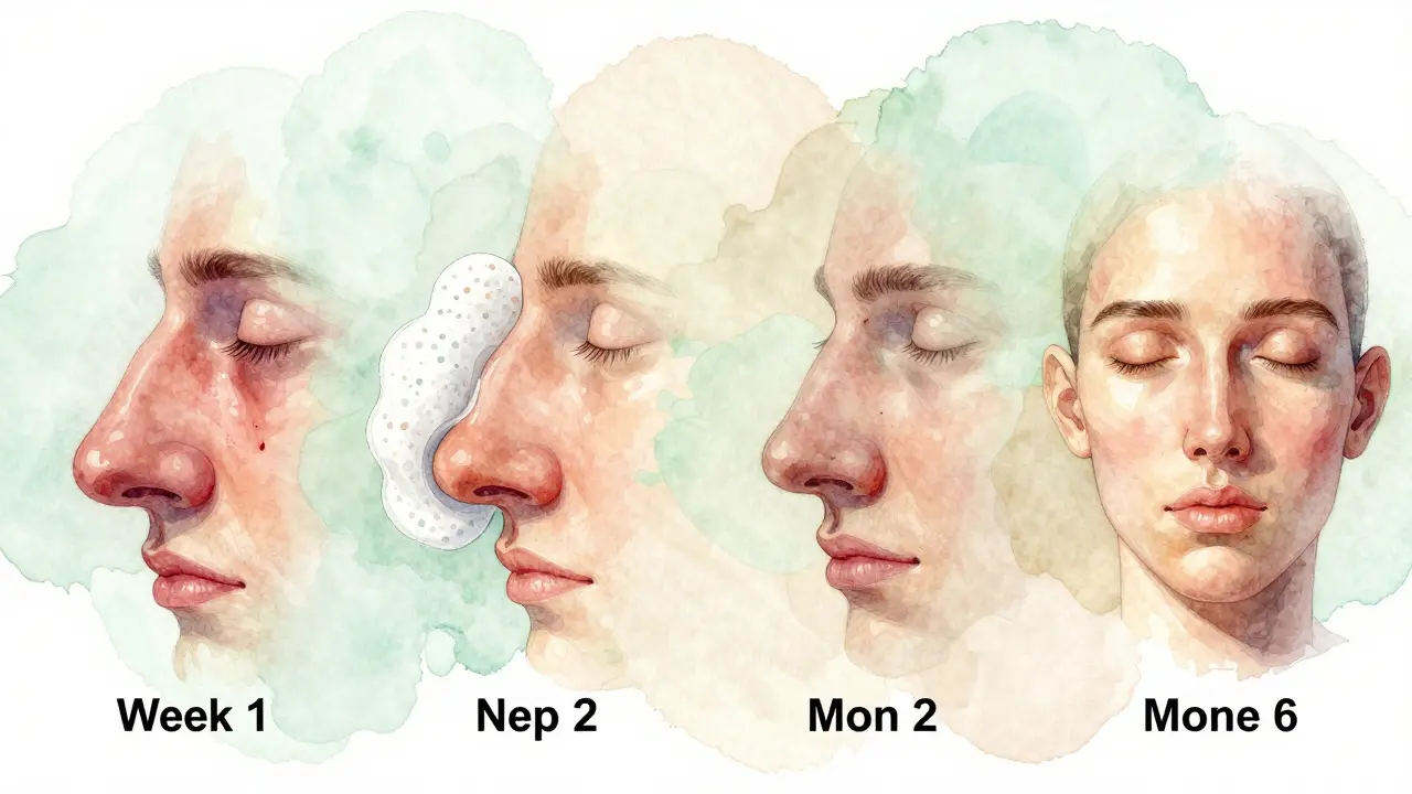 Krokový náhled hojení nosu od otoku po stabilizaci tvaru během šesti měsíců.
