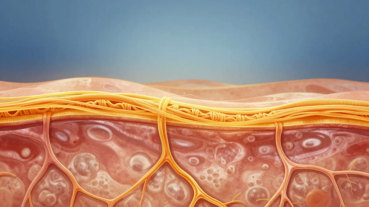 Mikroskopický pohled na obnovu kolagenu a elastinu v kůži po tepelném podnětu.