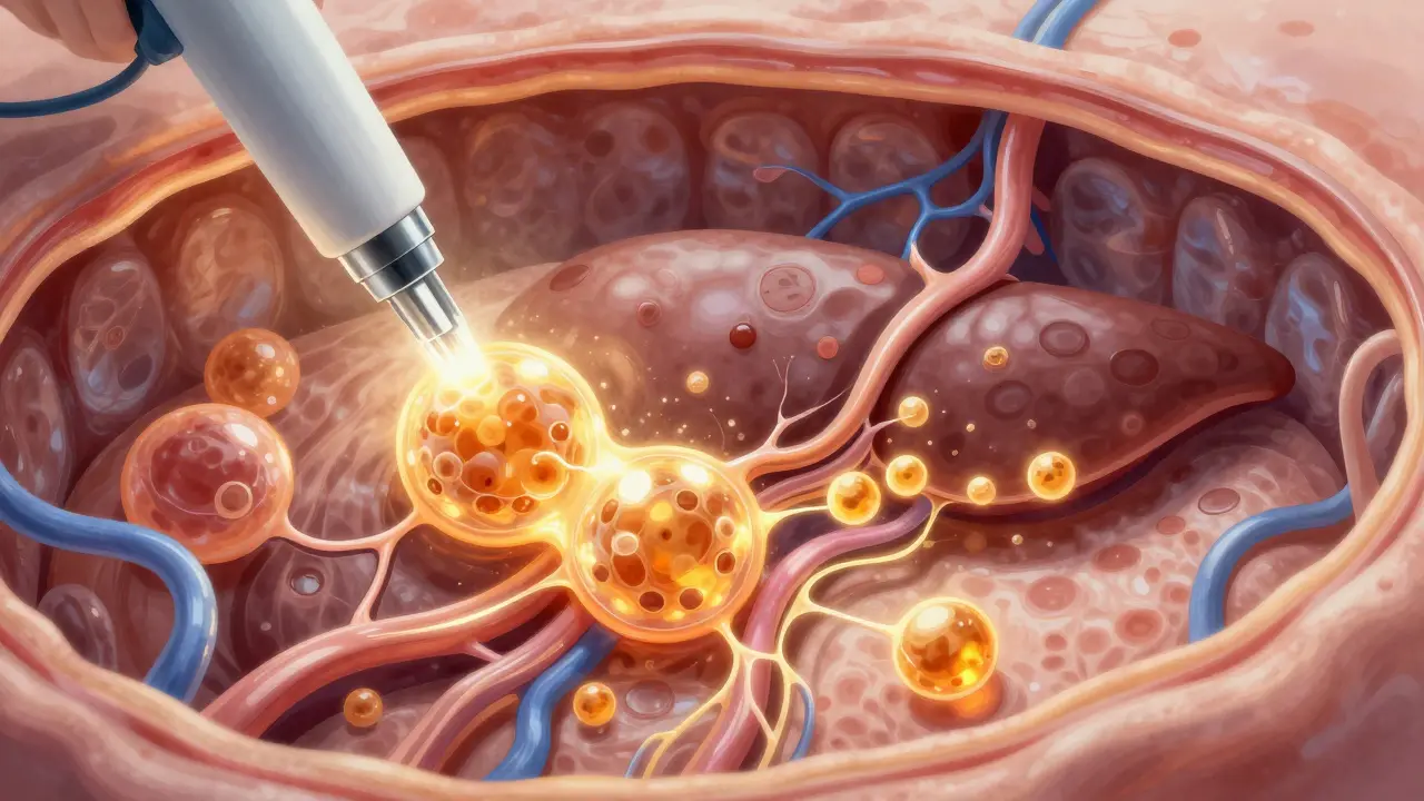 Mikroskopický pohled na tukové buňky roztavené laserem a jejich přepravu lymfatickým systémem.