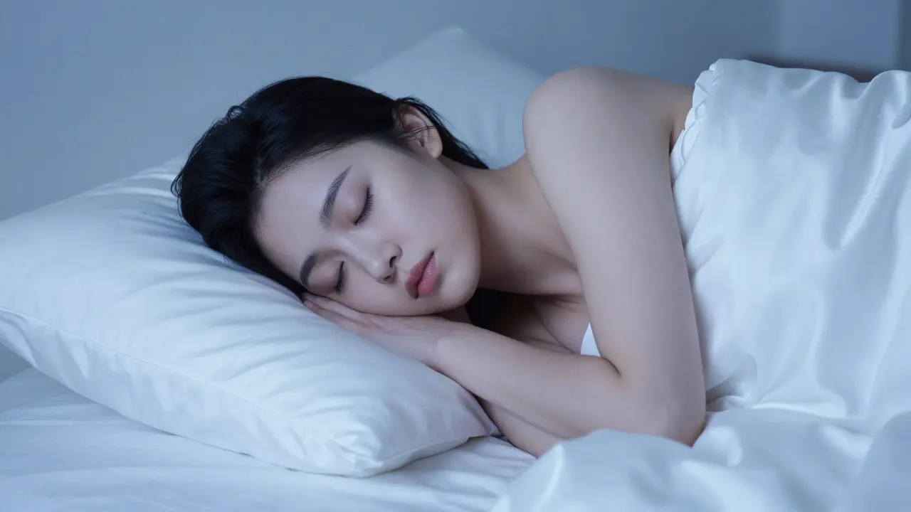 Osoba spí na hedvábném polštáři v klidné ložnici