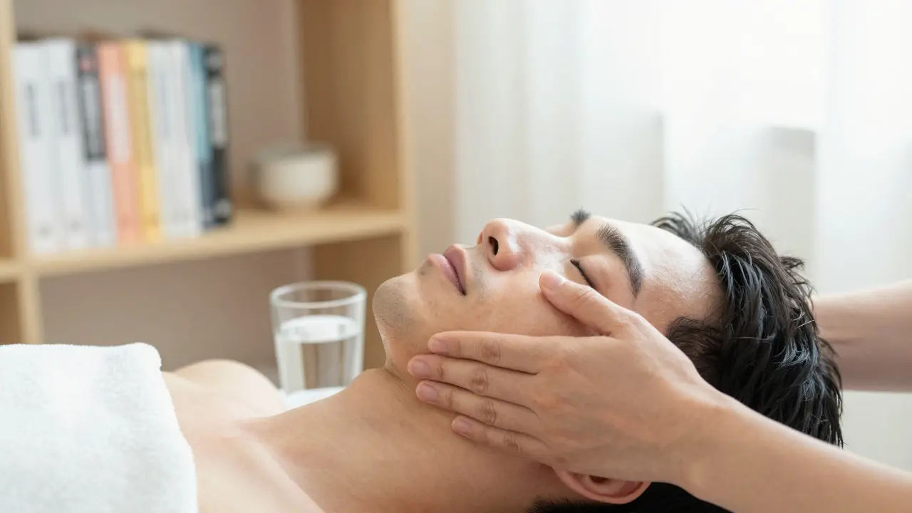 Pacient dostává lymfatickou masáž po operaci, ruce terapeuta jemně pracují na čelisti.