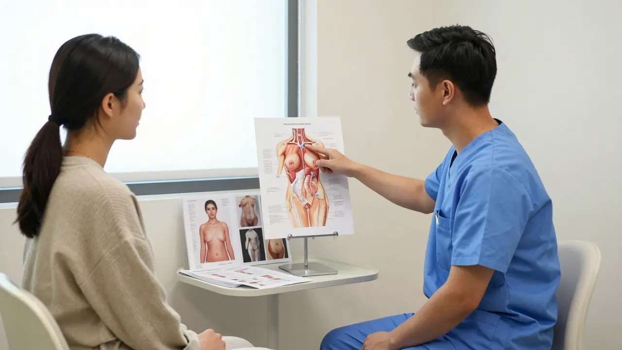 Pacientka konzultuje s plastickým chirurgem v klinice, kde je důraz na přirozené tělo a informované rozhodování.