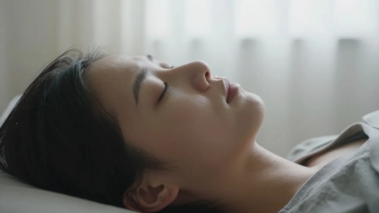 Person sleeping on back with nasal dilator, nose appears naturally balanced