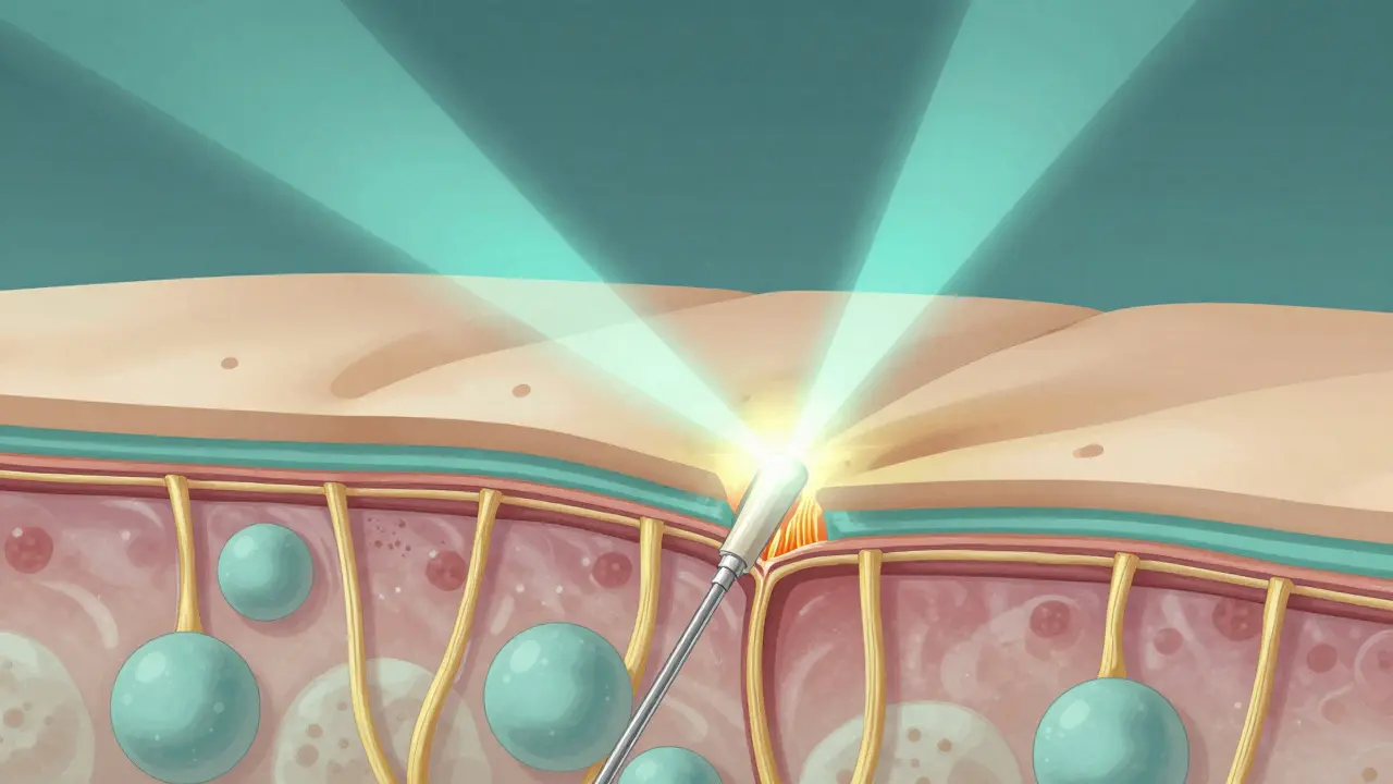 Přehled tukových buněk, které se roztavují pod působením laseru, zatímco se kůže zužuje a obnovuje kolagenní vlákna.