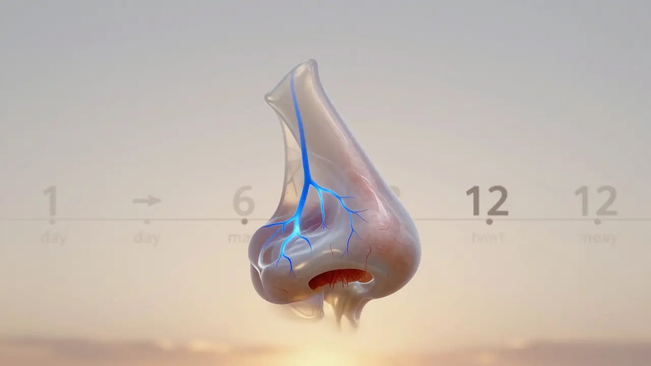 Průhledný model nosních tkání, jak se pomalu přestavují během roku po operaci.