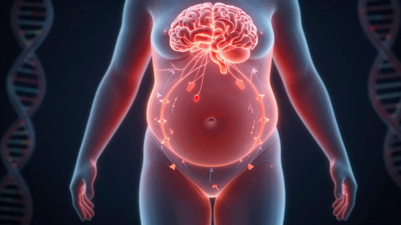 Průřez lidským tělem ukazující přesun tuku z břicha a paží směrem k zadkům