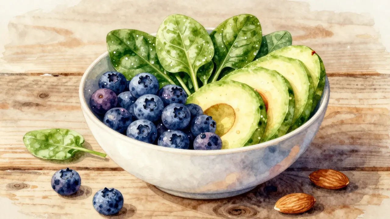 Salát s borůvkami, špenátem a ořechy na dřevěné desce