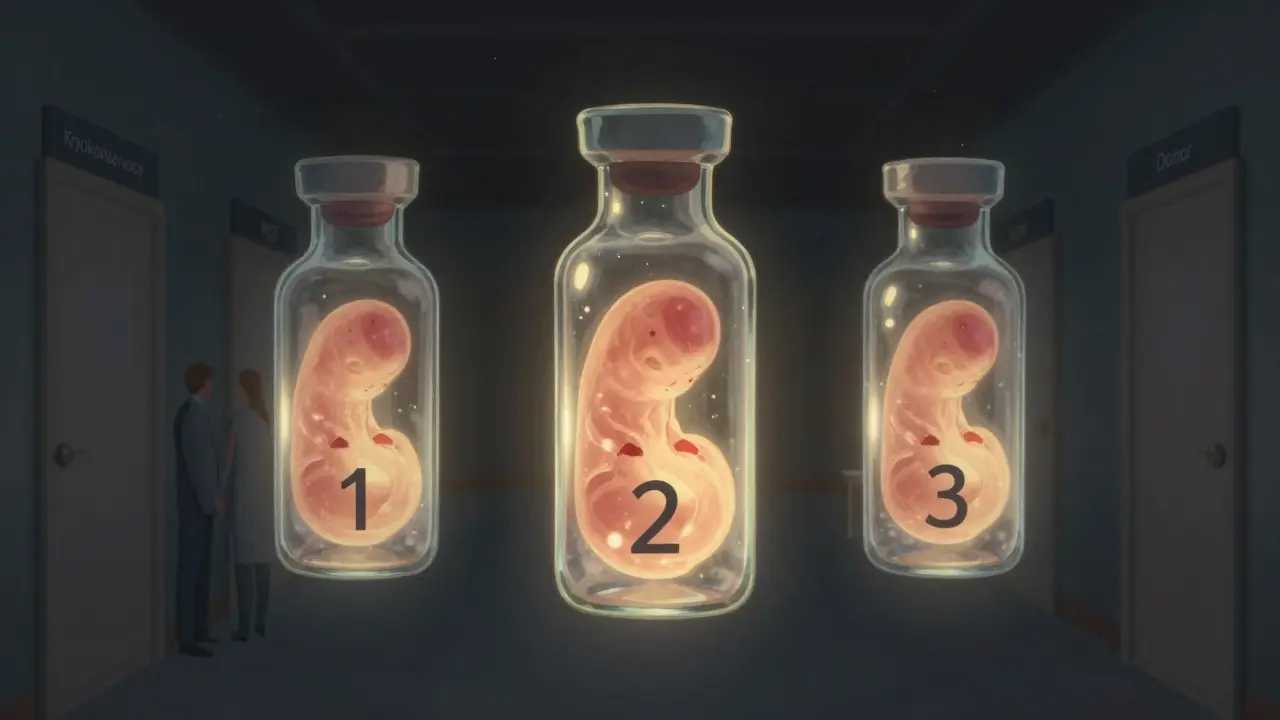 Tři skleněné nádoby s embryi ve tmavém prostoru, symbolizující tři hrazené pokusy IVF.