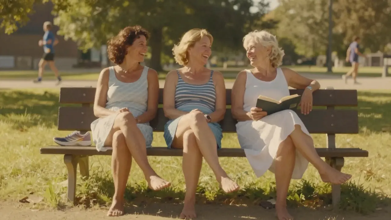 Tři ženy různých věků si užívají volnost po operaci na slunné louce.