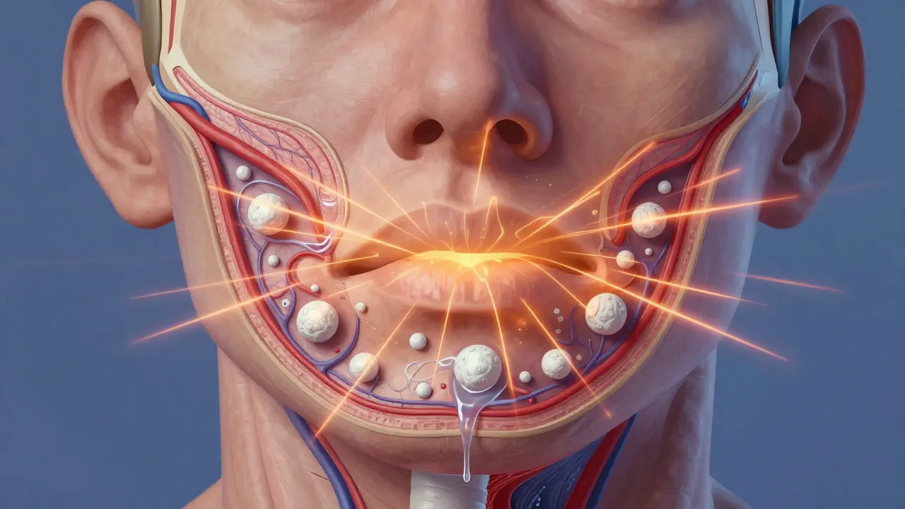 Vnitřní pohled na zánětlivou reakci těla po chirurgickém zásahu v obličeji s rozšířenými cévami a tekutinami.