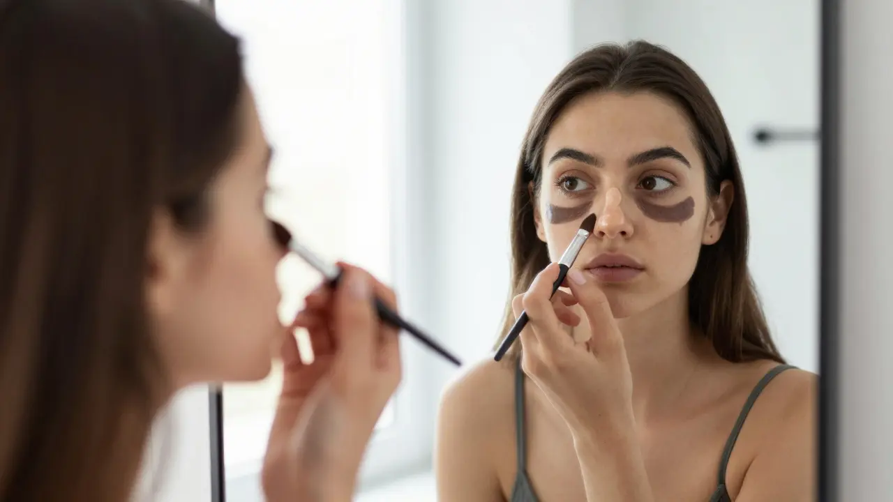 Woman applying makeup contour to create slimmer nose appearance