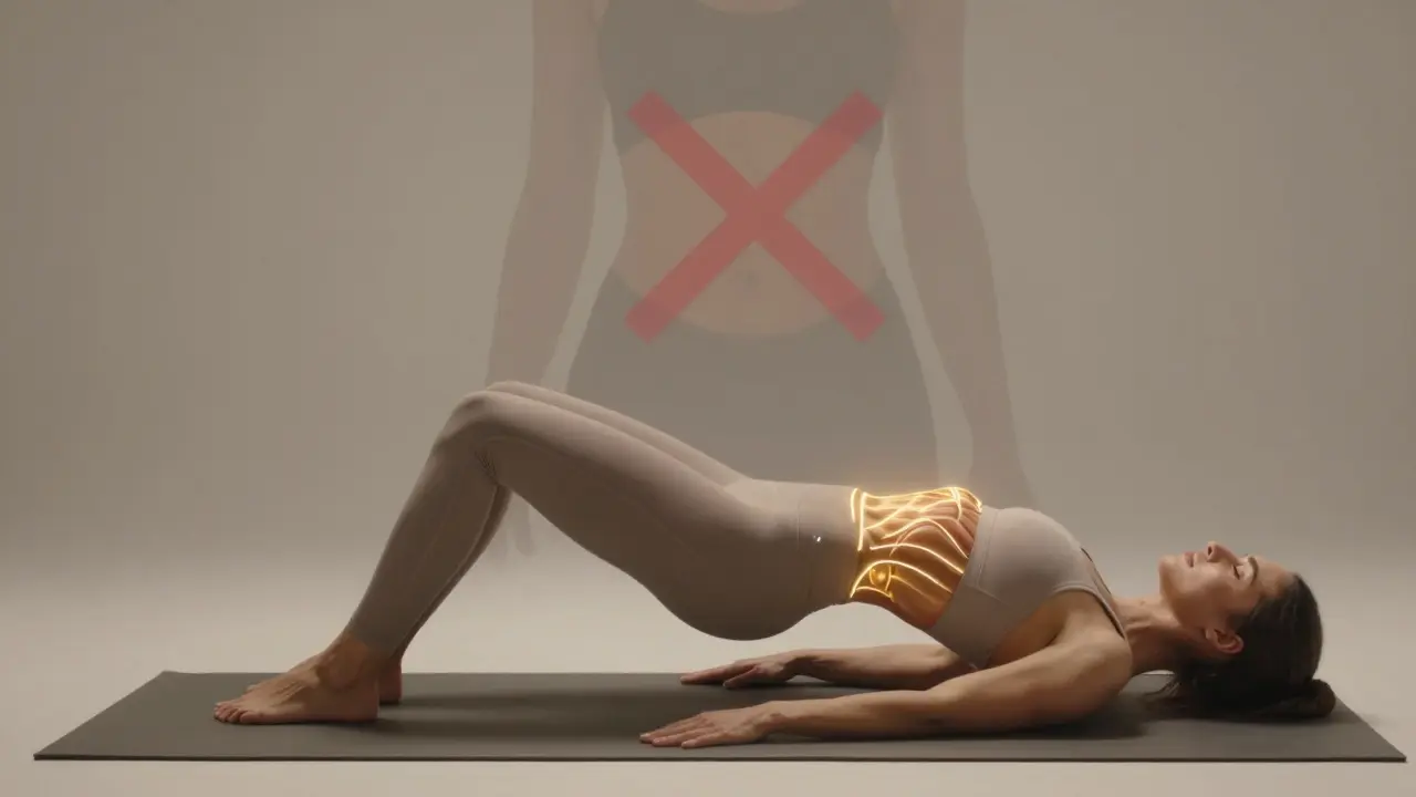 Žena dělá glute bridge s viditelnou aktivací svalů břišního korzetu.