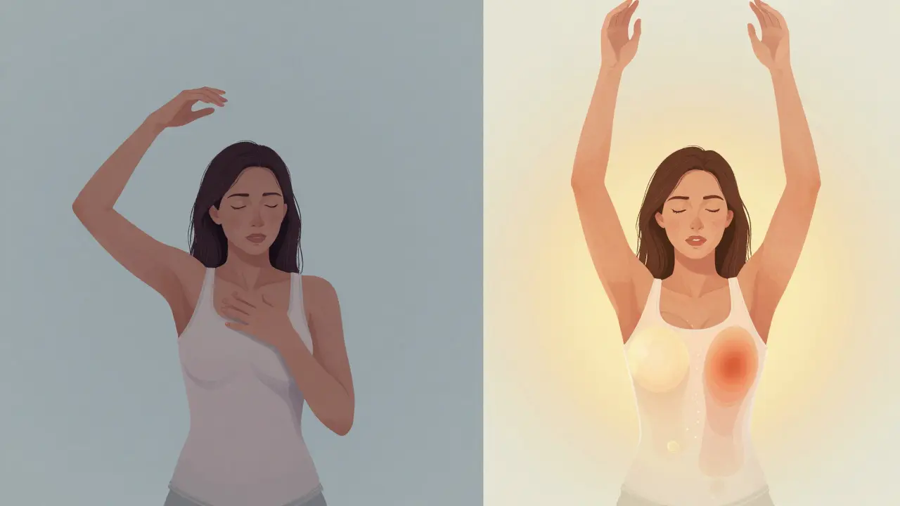 Žena postupně obnovuje pohyb rukou: od opatrného pohybu po plný pohyb po šesti týdnech.