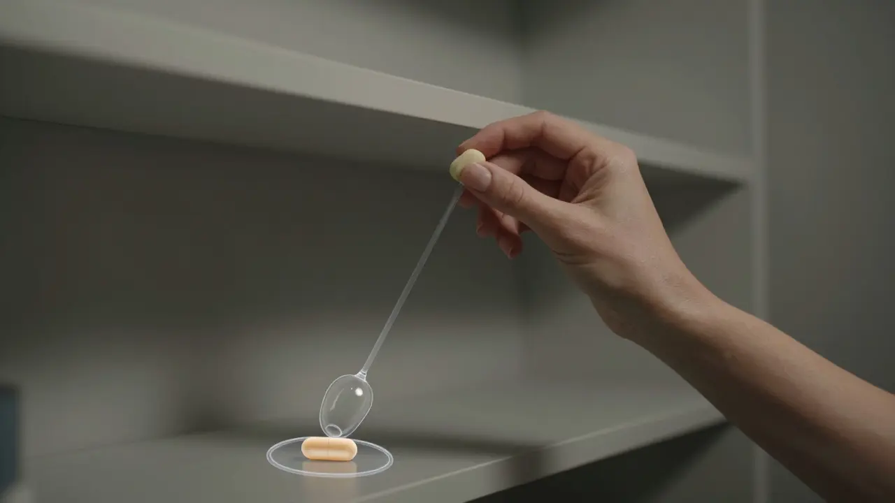 Žena používá nástroj k dosažení předmětu na police, aby vyhnula zvedání rukou po operaci.