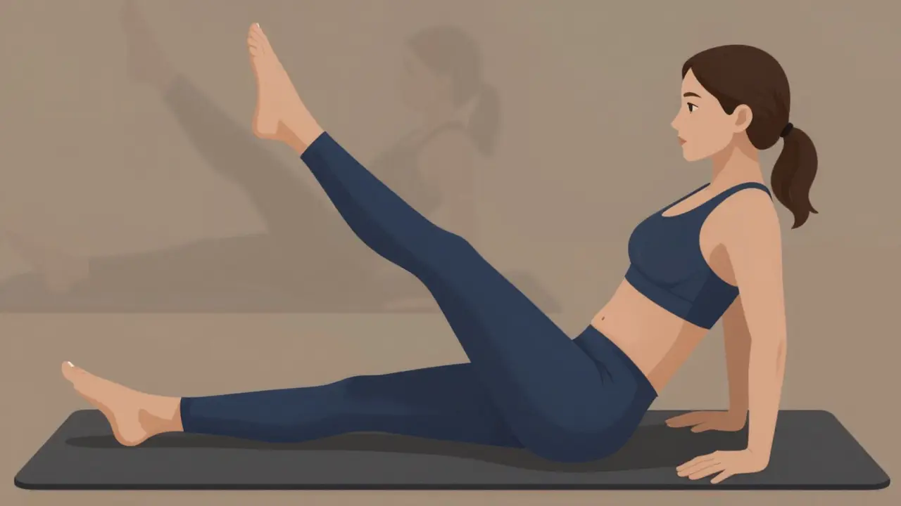 Žena provádí cvičení heel slide s aktivací hlubokých břišních svalů.