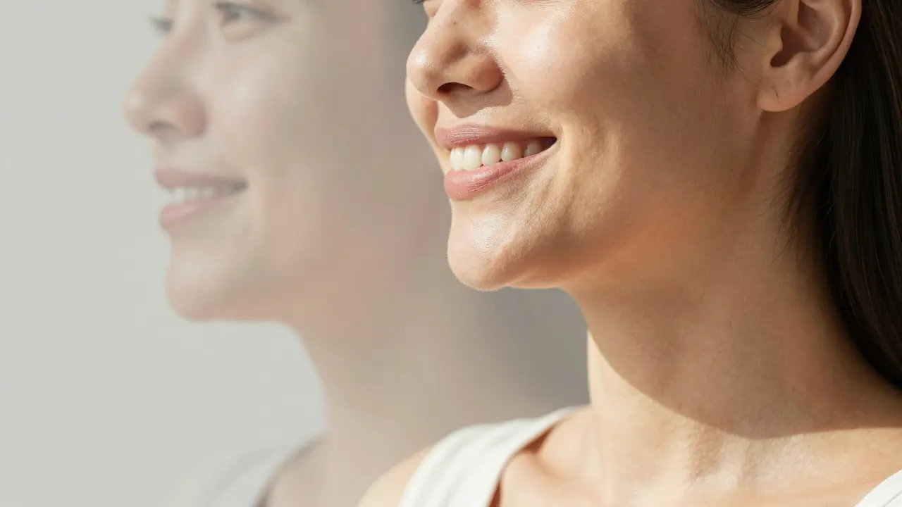 Žena s výraznější čelistí a přirozeně ztuhlou pletí, bez známek zákroku.