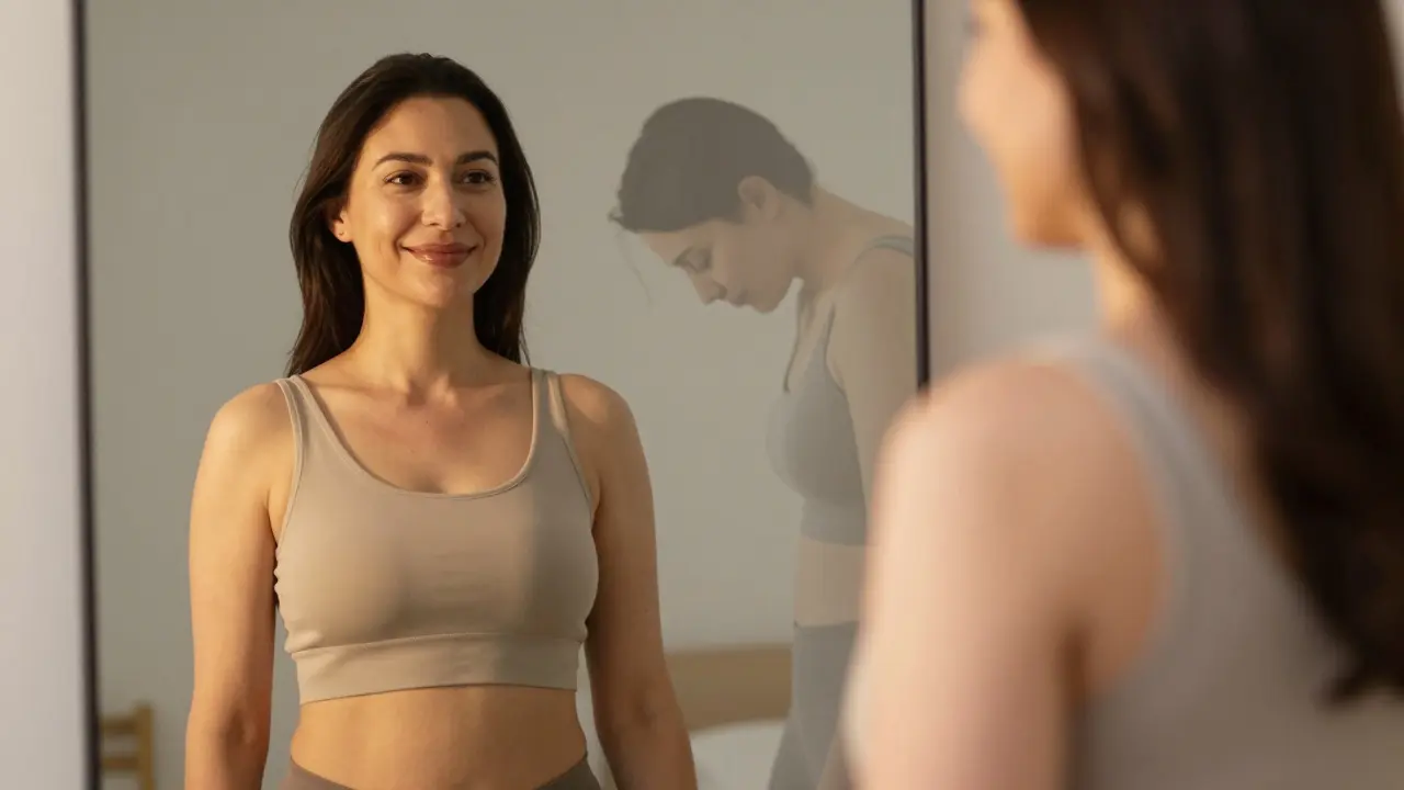 Žena se dívá do zrcadla a vidí svou novou, přirozeně tvarovanou postavu s úlevou a sebedůvěrou.
