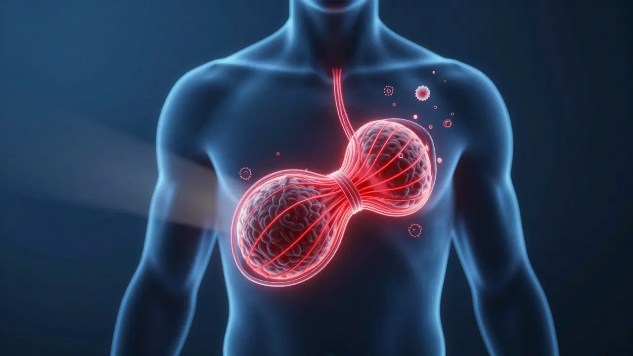 Abstraktní zobrazení ztuhlé kapsule obklopující implantát v těle.