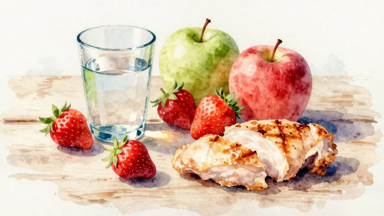 Akvarel zdravého jídla a vody na stole.