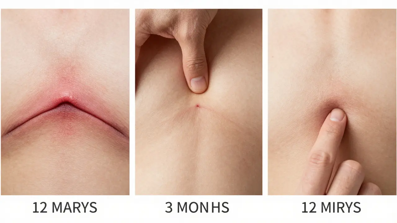 Časová osa ukazující vývoj jizvy od tvrdé k pružné a téměř neviditelné.