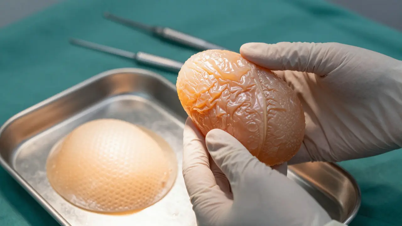 Chirurg drží odstraněnou fibrotickou kapsuli vedle nového implantátu.