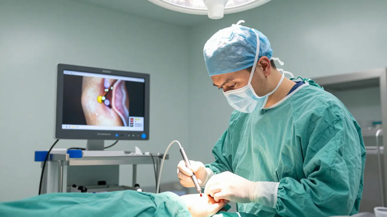 Chirurg provádí endoskopickou operaci karpálního tunelu v moderní operační místnosti.