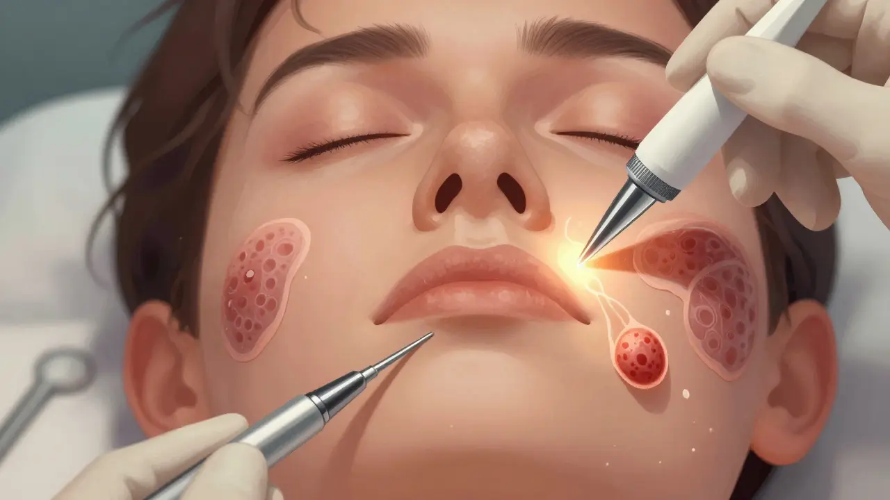 Detailní ilustrace přenosu tukových buněk do obličeje pomocí jemných kanýlek při lipofyční operaci.