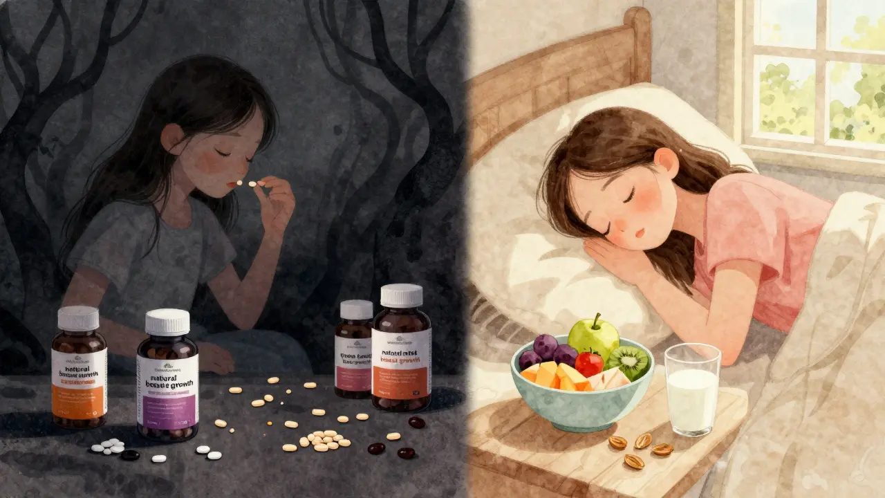 Dívka na jedné straně užívá nebezpečné doplňky, na druhé straně spí a jí zdravou potravu.