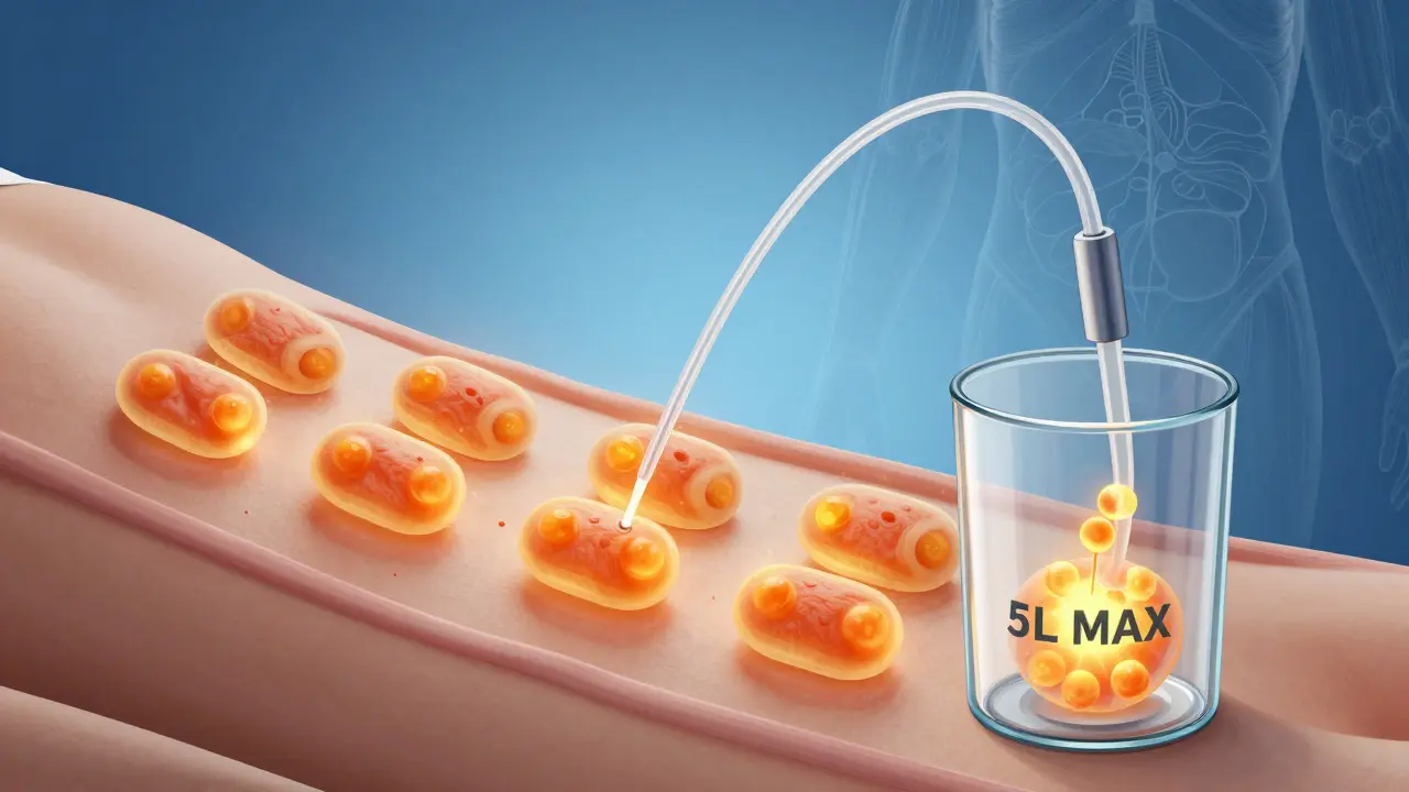 Konceptuální znázornění odstranění tukových buněk do kontejneru s označením 5 litrů.