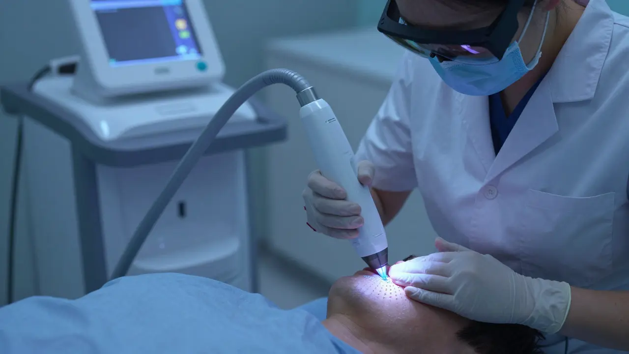 Lékař používá frakční laser na léčbu jizevy na ruce v klinice.