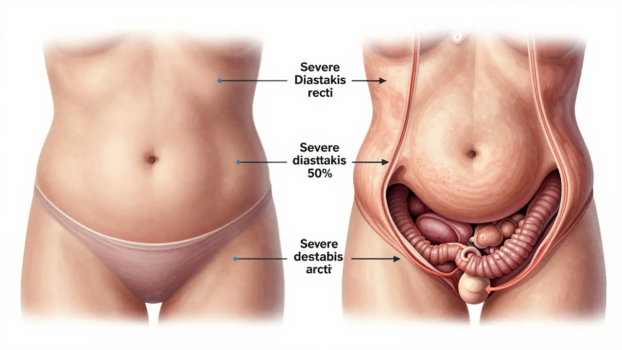 Medicínská ilustrace porovnávající zdravé a patologické břišní stěny s důrazem na diastázi a přebytečnou kůži.
