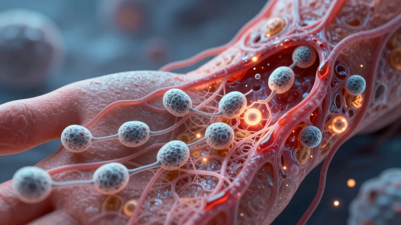 Mikroskopický pohled na tkáň po operaci: kapiláry propouštějící tekutinu, bílé krvinky a fibrinová síť.