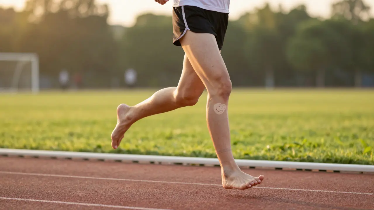 Pacient běží na trávníku pět měsíců po operaci haluxu, znázorňující úplné uzdravení.