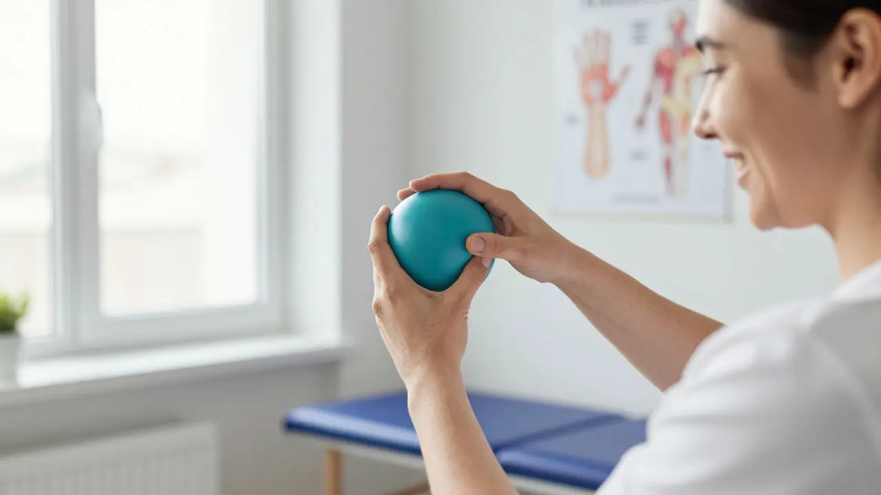 Pacient cvičí pohyby prstů po operaci karpálního tunelu pod dohledem fyzioterapeuta.