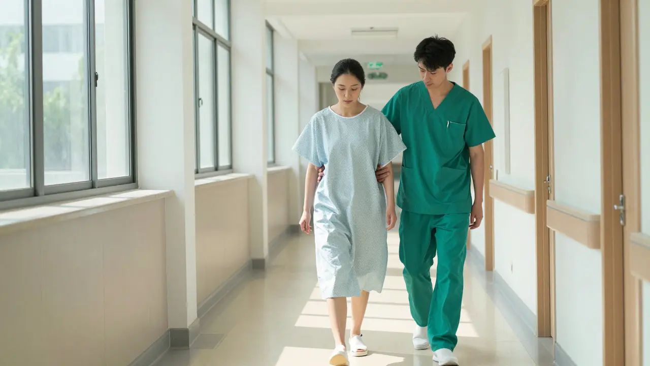 Pooperační mobilizace pacientky chůzí ve spolupráci s medic.