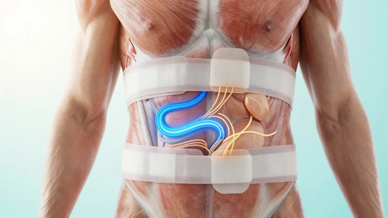 Průhledný lidský trup s kompresní silou podporující hojení a snižující otok břišní stěny.