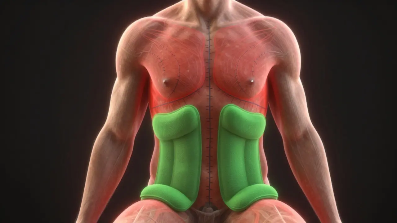 Průhledný model těla s označenými zónami rizika a bezpečných oblastí po abdominoplastice.