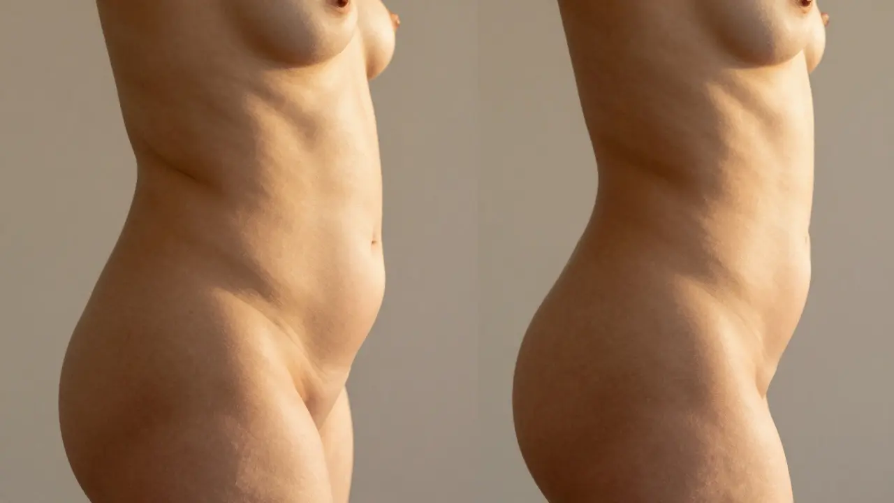 Schematický před a po srovnání tvaru těla po liposukci s hladkými obrysy.