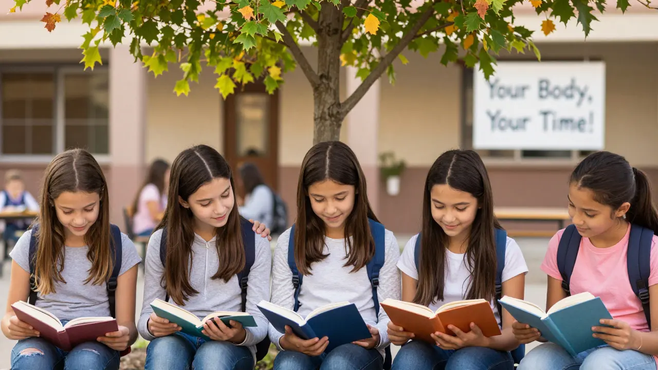 Skupina dívek různých tělesných typů v školním dvoře, symbolizující různé tempa puberty.