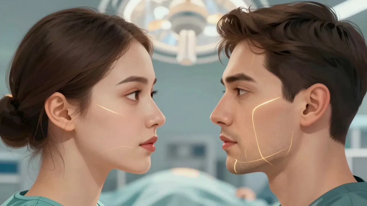 Srovnání přirozeně vylepšeného mužského a ženského obličeje s anatomickými čarami.