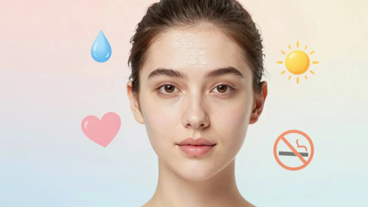 Stárnutí obličeje s a bez BBL: plnější kontury zůstávají i po deseti letech, doprovázeny symboly zdravého životního stylu.