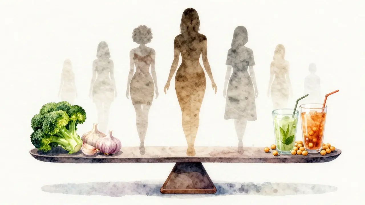 Symbolická váha s potravinami, které ovlivňují velikost prsou – zdravé na jedné straně, nežádoucí na druhé.