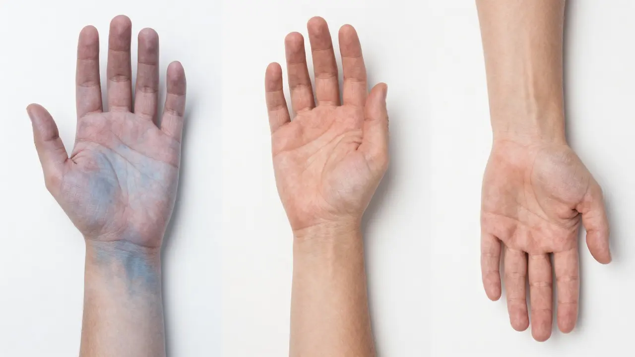 Tři fáze hojení ruky: okamžitý otok, střední otok a mírné zvětšení po 3 týdnech.