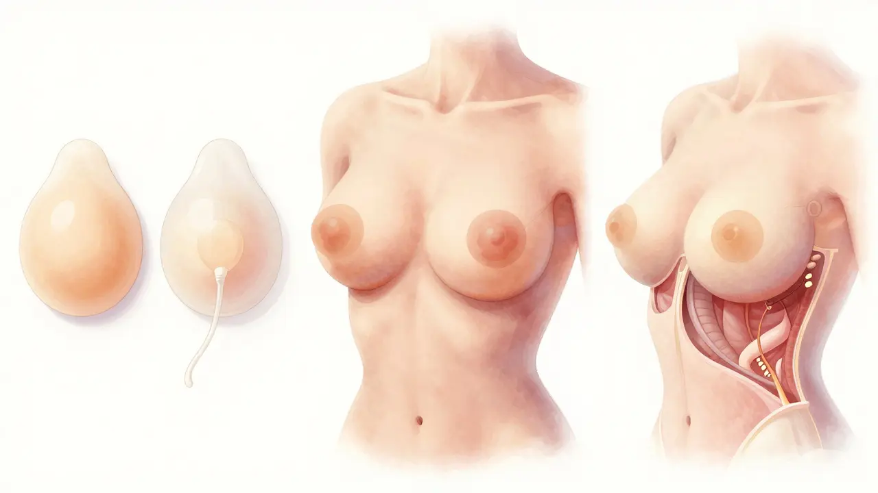 Tři metody zvětšení prsou: implantáty, přenos tuku a hybridní metoda.