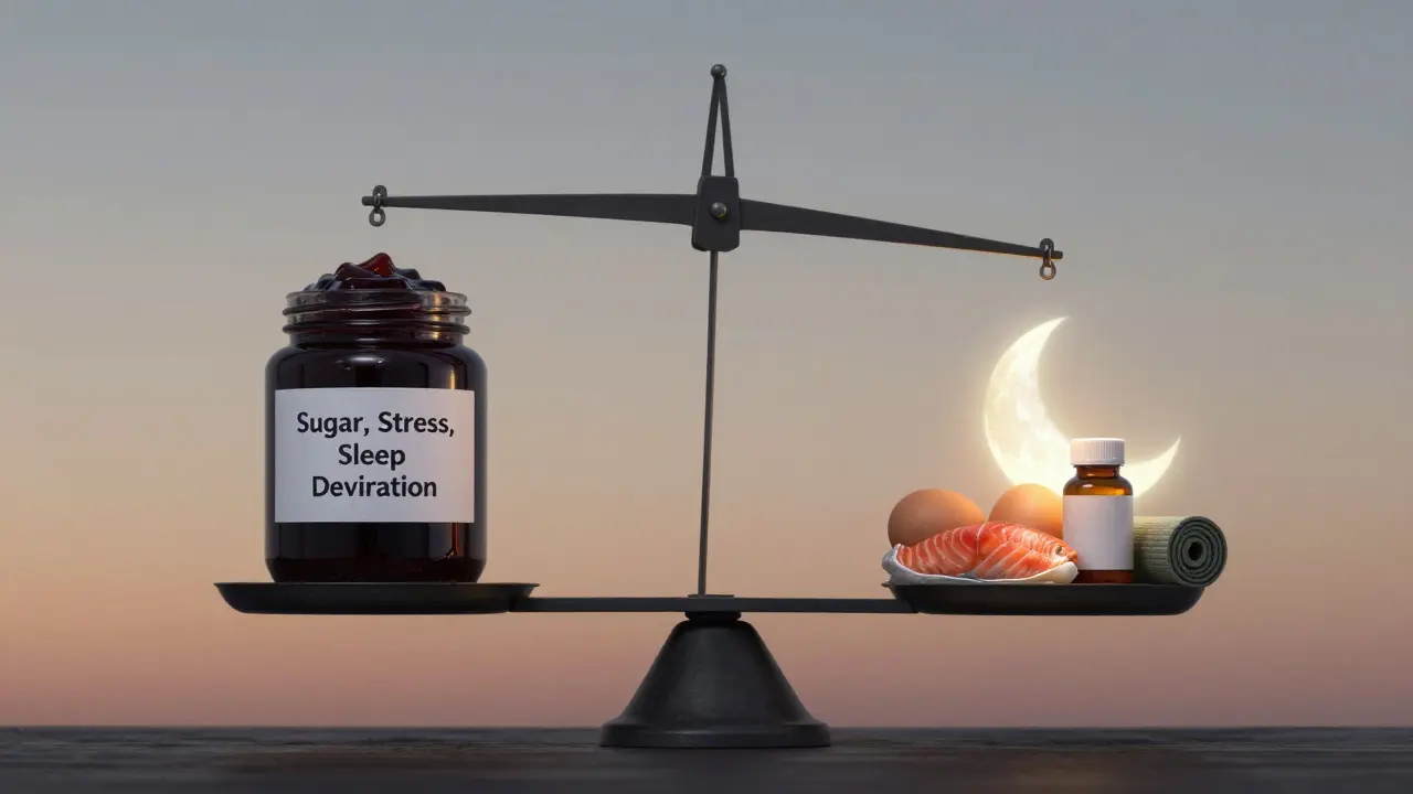 Váha s jedné strany cukrem a stresem, z druhé strany zdravou výživou a odpočinkem, symbolizující hormonální rovnováhu.