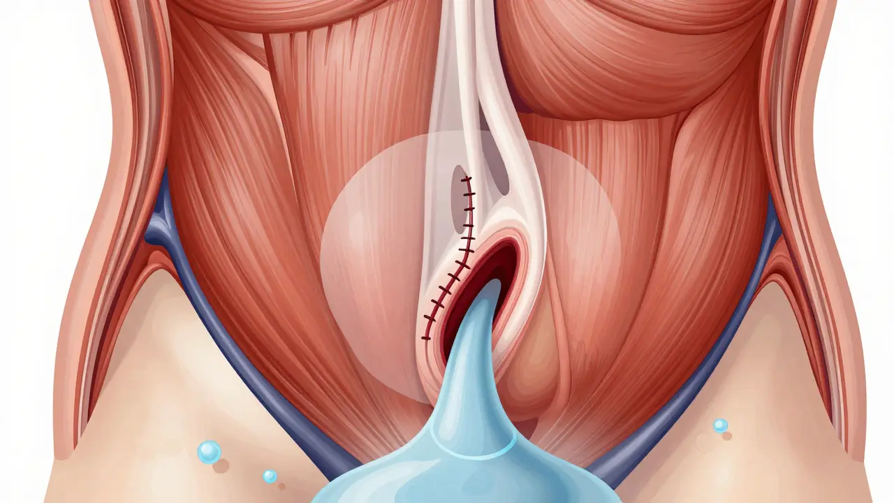 Vnitřní anatomy břicha po operaci: sšité svaly a zánětlivé tkáně v přehledném, průhledném stylu.