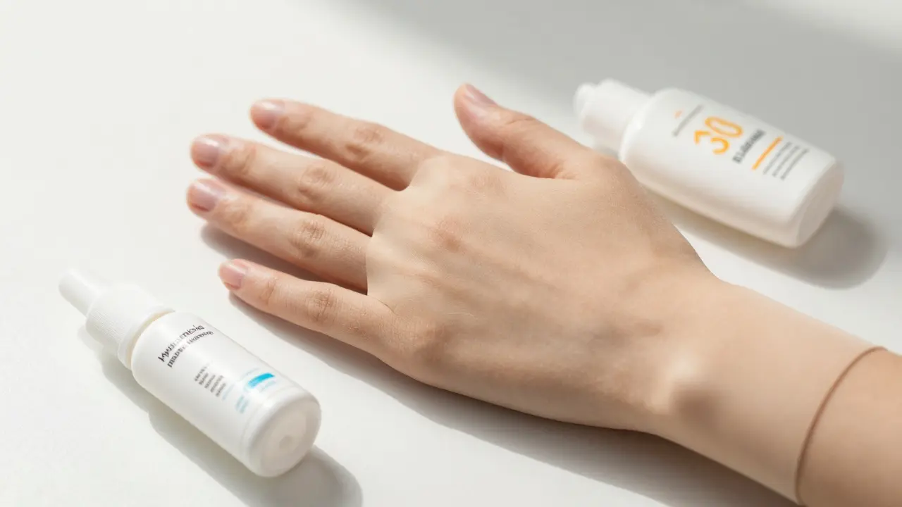 Zahojená jizeva na ruce s silikonovou rukavicí a krémem pro ochranu před sluncem.