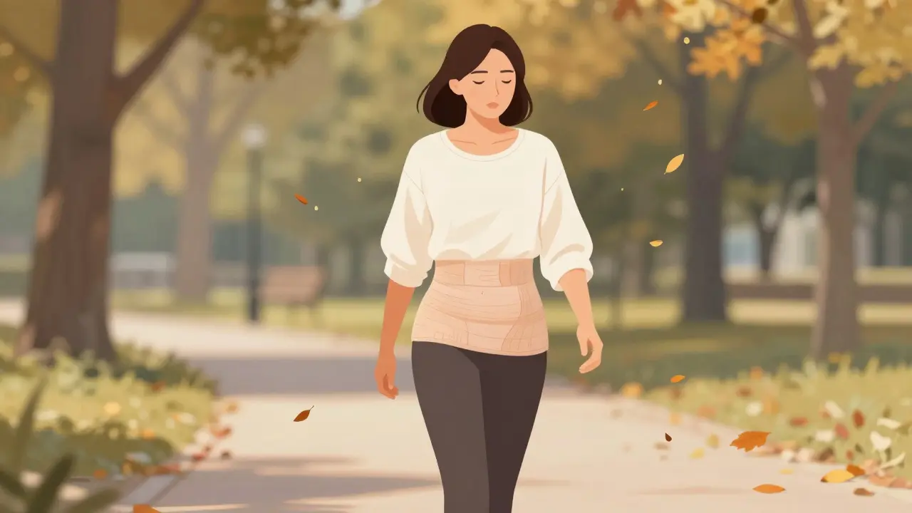 Žena prochází v parku během rekonvalescence, nosí lehkou kompresní bandáž pod šatou.