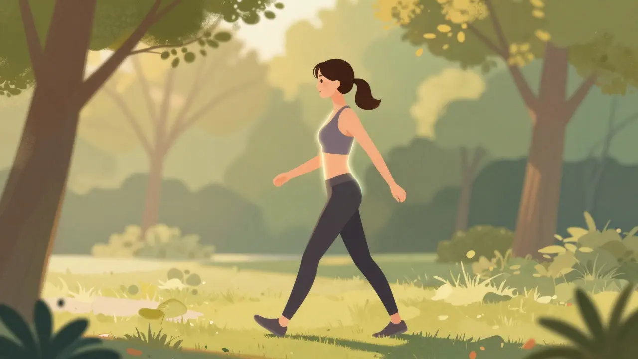 Žena rychle kráčí v parku na ranní světle, symbolizující aktivní životní styl.